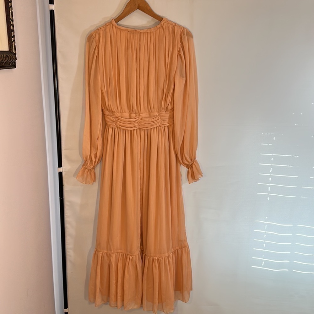 French Connection Akita Pleated Ruffled Long Sleeve Puff MIDI Dress Size 6 Pink - Picture 4 of 16